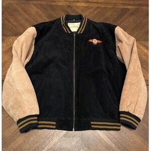 Autumn Trails Harley Davidson Suede Leather Varsity Bomber Jacket Mens XL Black